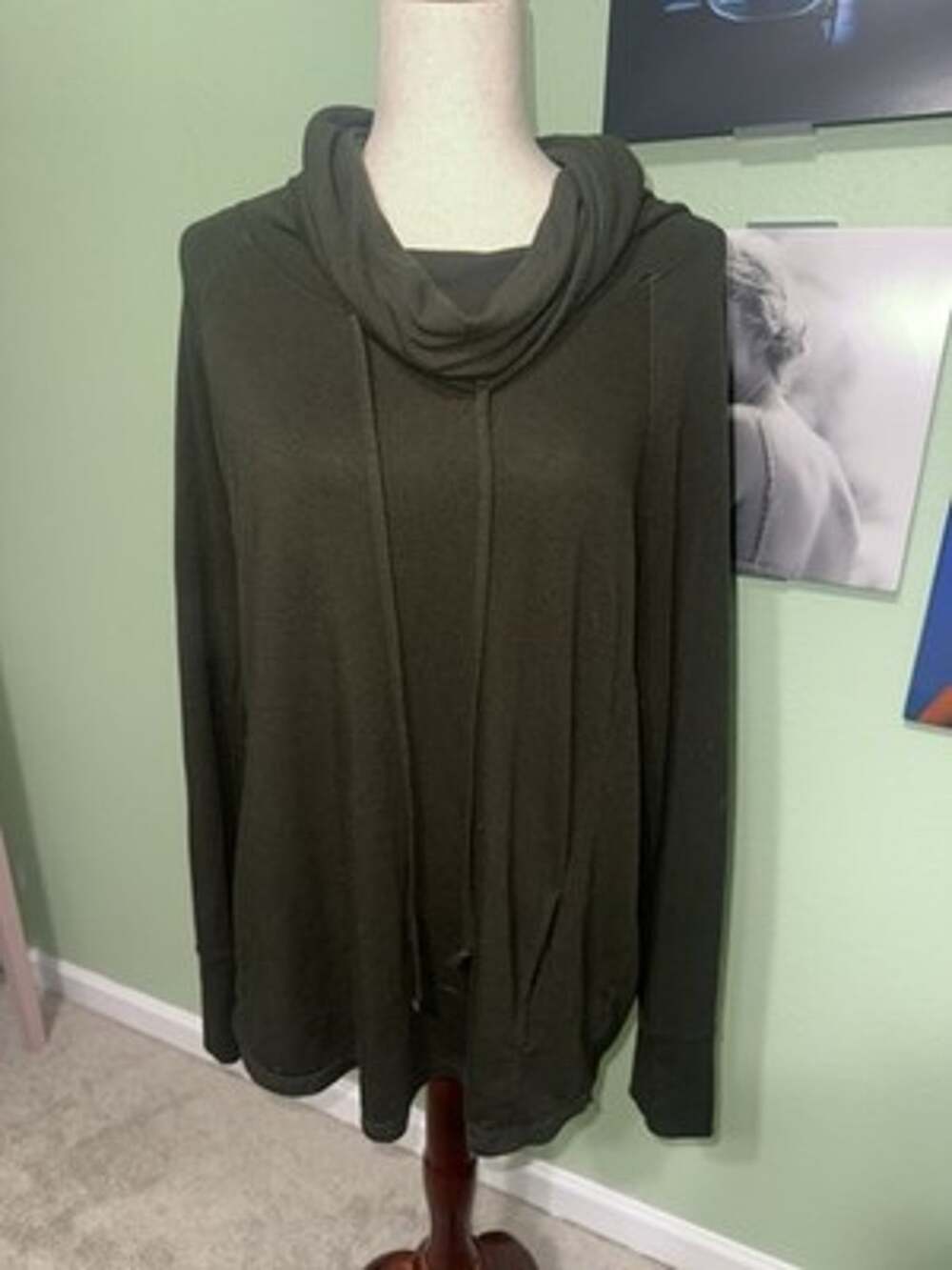 Pink Clover Sweater XL Olive Green Cowl Neck Long Sleeve Drawstring Pullover